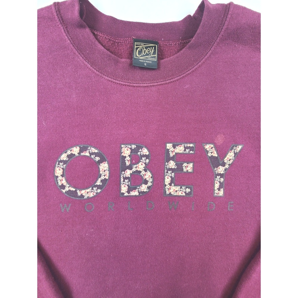 Obey Worldwide Sweatshirt Womens Small Maroon Floral Logo‎ Streetwear Crew Neck